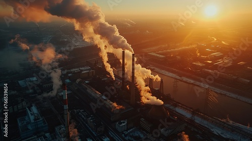 industry metallurgical plant dawn smoke smog emissions bad ecology aerial photography air pollution Climate Change, Concept Climate Emergency withered earth