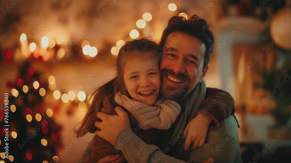 Father's Day celebration with a happy daughter hugging her dad during the holiday.