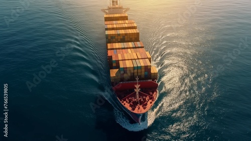 Aerial view of a container cargo ship in international trade and logistics at sea.