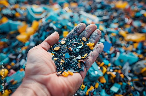 A hand holding blue and yellow recycled plastic granules © Asep
