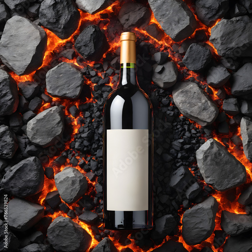 Wine bottle mockup on dark burning background with coal and lava, Generative AI photo