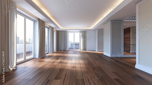 Vacant modern apartment living room with hardwood flooring.