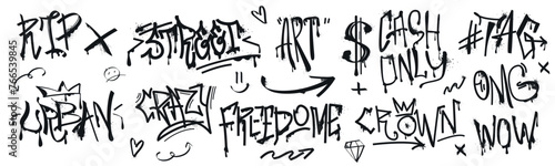 Set of spray paint tags, slogan or arrow with graffiti effect. Hand drawn ink dollar symbol with drips and splatters. Urban street art black design element, grunge fonts isolated on white background.