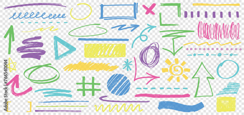 Set of hand drawn colorful highlighter set. Highlight marker underline strokes, marks, stripes, arrows, circles and scribbles isolated on transparent background. Vector paint brush pen design elements