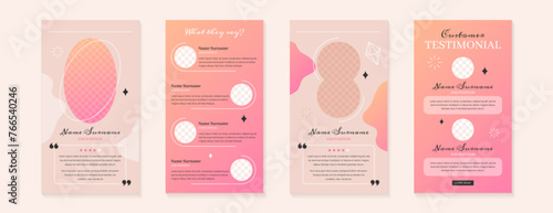 Customer service review or feedback story template design. Vector set of pastel testimonial posts of product for social media. Web banners of client satisfaction with stars rating and short quotes.