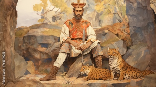 A man sits on a rock with two cats in front of him. The man is wearing a crown and holding a spear. The cats are sitting on the ground, one on the left and one on the right