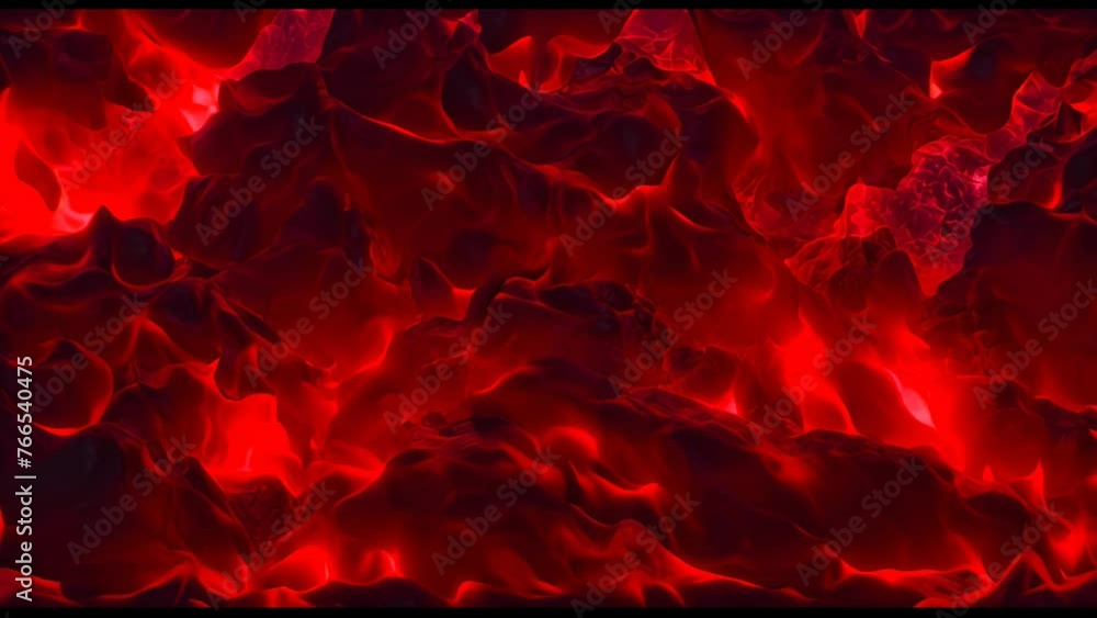 Stream of volcanic red cooling lava after a volcanic eruption. The movement of cooled lava in places, covered with a black crust. Consequences of a natural cataclysm, disaster, catastrophe.