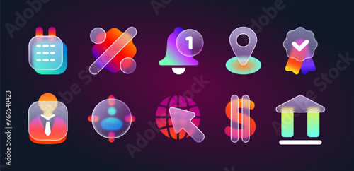 3d glassmorphism icons for website or mobile app. Transparent frosted glass morphism ui icon set with blur neon gradient of bank, notification, business strategy, calendar, location pin, dollar symbol