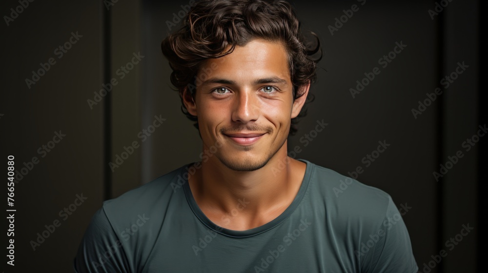 Naklejka premium A man with a smile on his face is wearing a green shirt