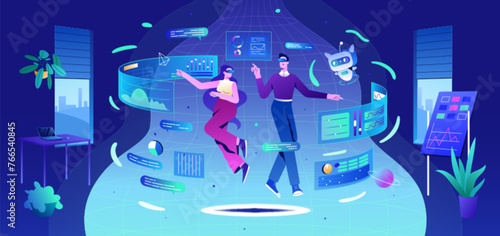 Metaverse technology concept. Flat people with virtual reality goggles and ai robot in office. Characters in futuristic glasses working with business data and graphs. Person use ai smart analysis.