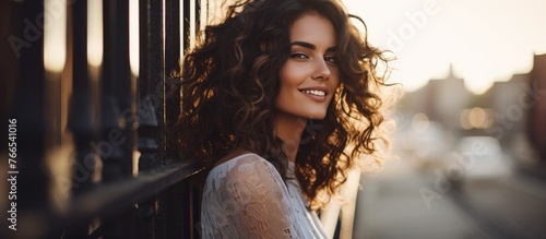 Curly-haired lady leaning against a wooden fence with a joyful expression on her face photo