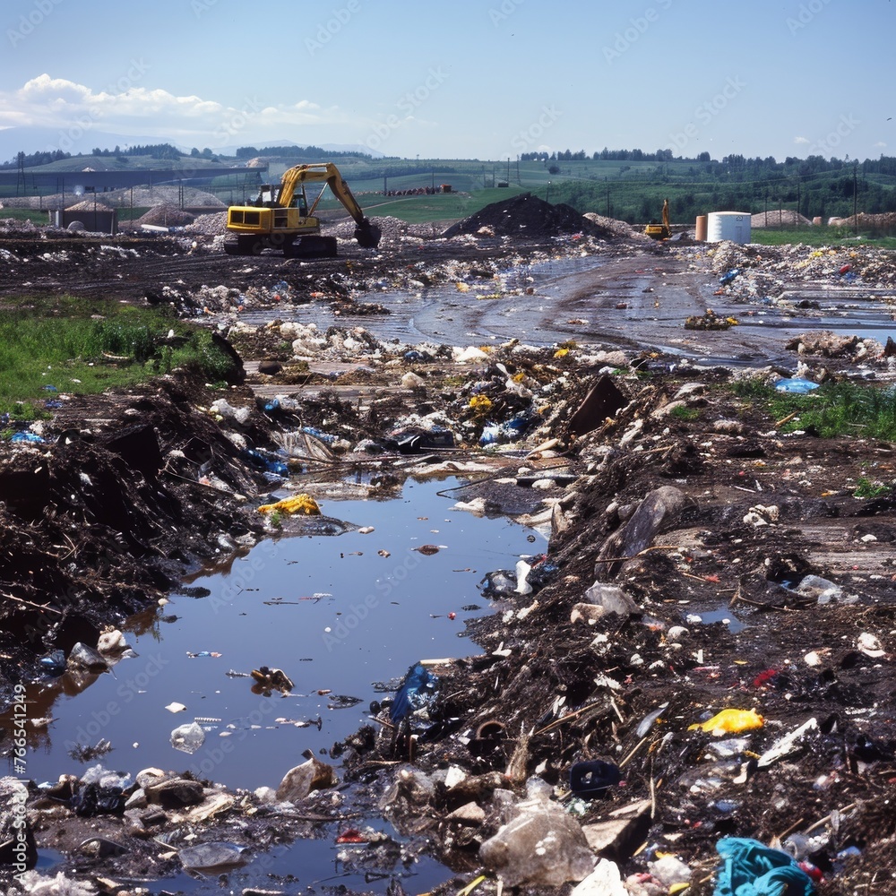 A landscape marred by pollution, with an excavator amidst piles of waste, reflecting environmental challenges.