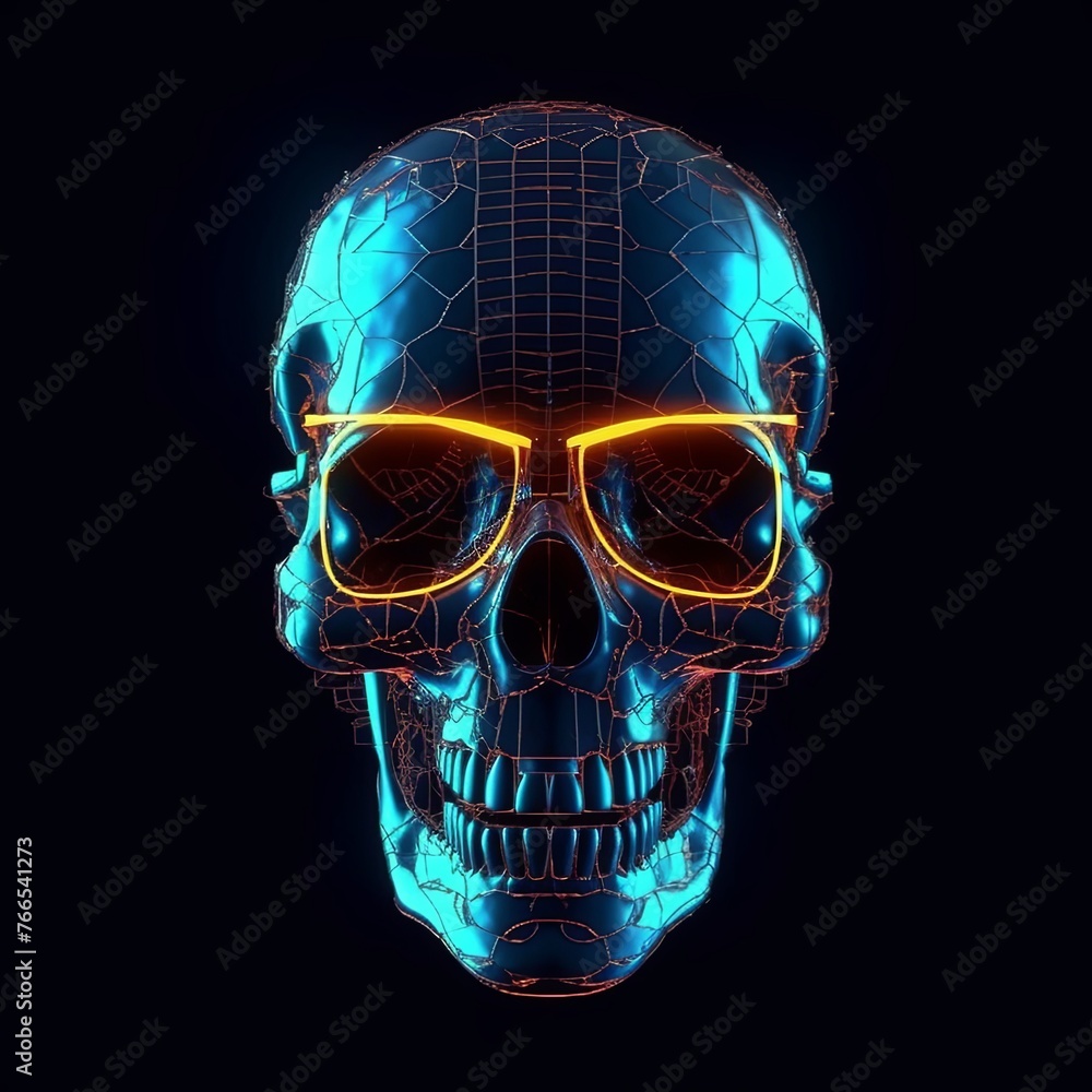 Cyber skull in glowing sunglasses background. Polished 3d skull in fashionable glasses and sinister digital danger with metal techno halloween Cyber skull in glowing sunglasses background. Polished 3d skull in fashionable glasses and sinister digital danger with metal techno halloween
