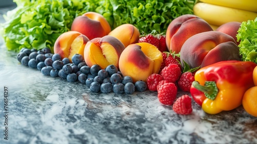 An Image with Copy Space for Text on the Left  Featuring a Lush Assortment of Fresh Fruits and Vegetables  with Highlights Including Succulent Peaches  Crisp Lettuce  Juicy Berries 