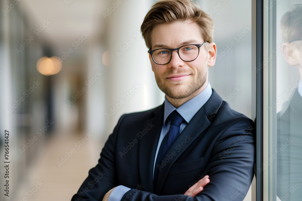 Fototapeta premium Confident Businessman in Modern Corporate Environment: A Portrait of Leadership and Vision