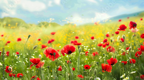 red poppies and white magerite flowers in a gree field of a summer meadow  © bmf-foto.de