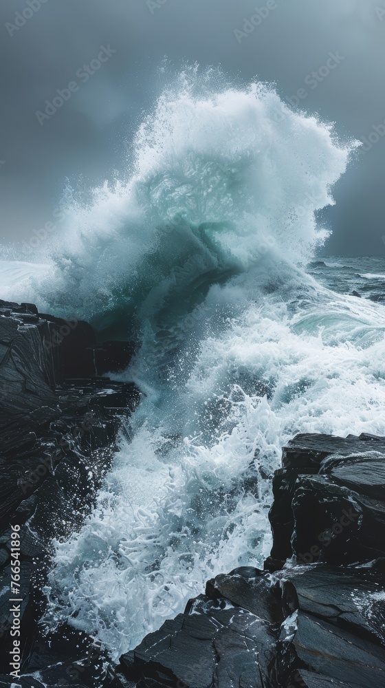 Dramatic wave crashing on dark cliffs. High-contrast nature photography with dynamic movement