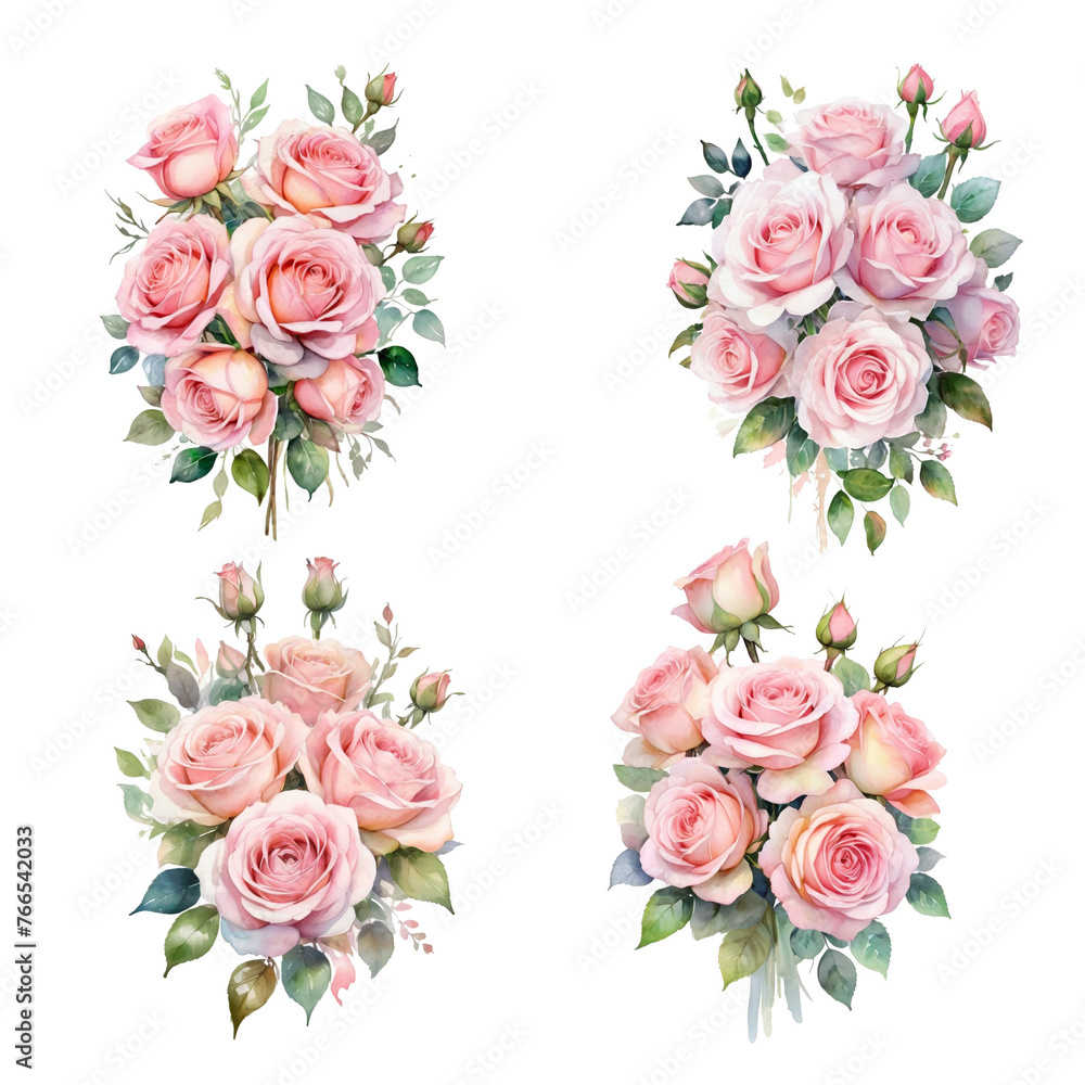 set of 4 bouquets of pink roses on white background, clipart, isolated set of 4 bouquets of pink roses on white background, clipart, isolated
