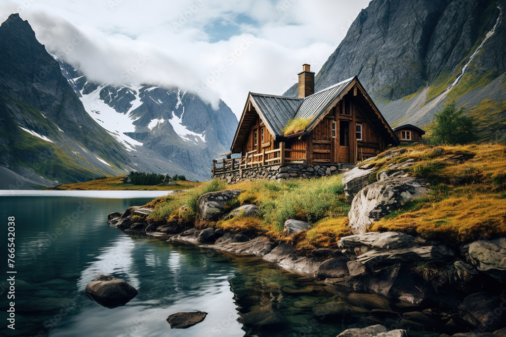 Fototapeta premium Vintage wooden house on a rocky seashore. Luxury vacation concept. Generated by artificial intelligence