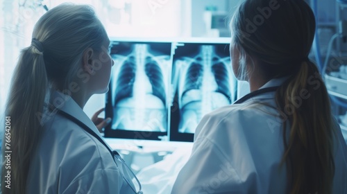 Female medical professionals analyzing chest X-rays on a monitor. Healthcare diagnosis concept