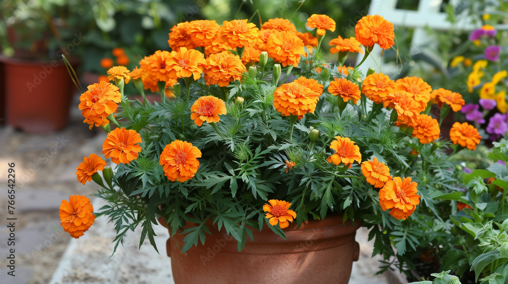 Tagetes (commonly known as Marigolds) in a clay pot in garden