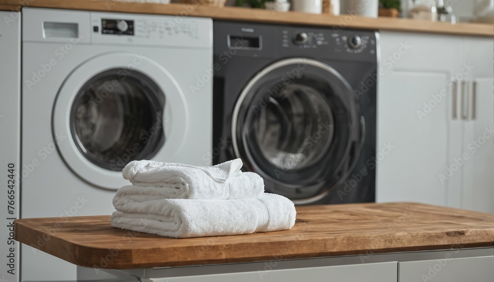 Laundry facility branding composition soft towels and washing machine out-of-focus provide neutral stage to showcase product branding or service promotions Laundry facility branding composition soft towels and washing machine out-of-focus provide neutral stage to showcase product branding or service promotions