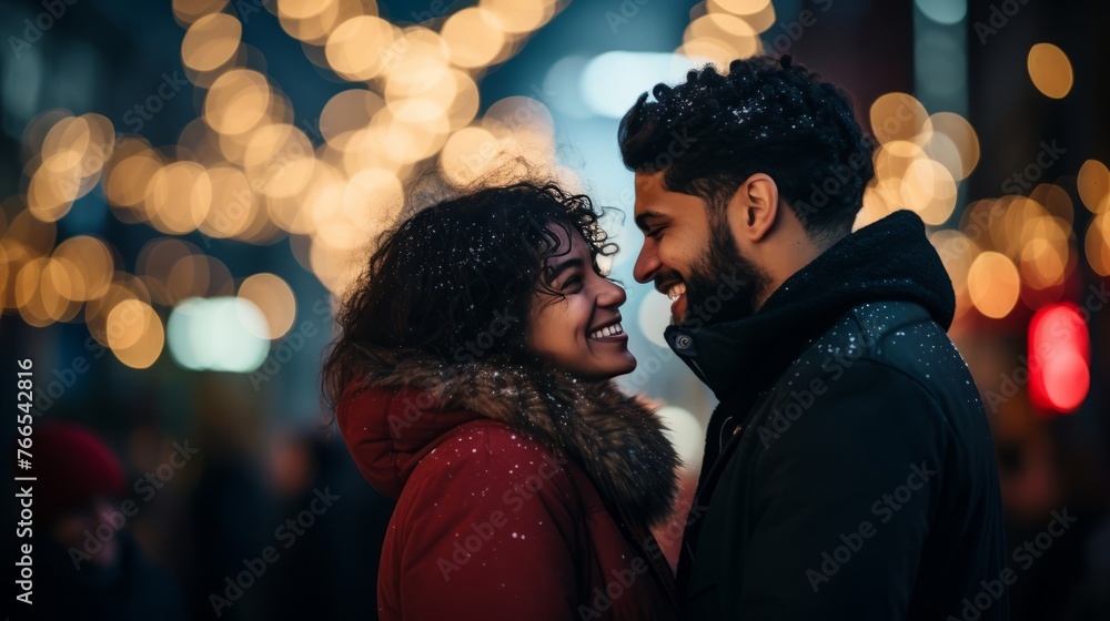 A couple is standing in the street, smiling at the camera