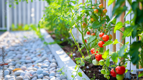 Tomatoes grow vertically (supported by a cane or stake) in a vegetable garden along a fence with white pebble mulch