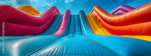 Colorful and bright bounce house outside. Colorful bouncy castle slide for children playground.