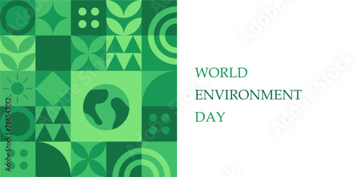 World Environment Day web template illustration with modern eco geometric nature mosaic. Green abstract geometry shape symbol background for online earth holiday or internet landing page