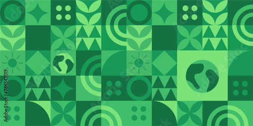 World Environment Day web template illustration with modern eco geometric nature mosaic. Green abstract geometry shape symbol background for online earth holiday or internet landing page