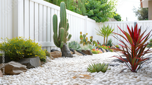 Minimalist garden with white pebbles and Cacti, Echeveria, rocks. A garden that is easy to maintain and does not require much water for dry climates