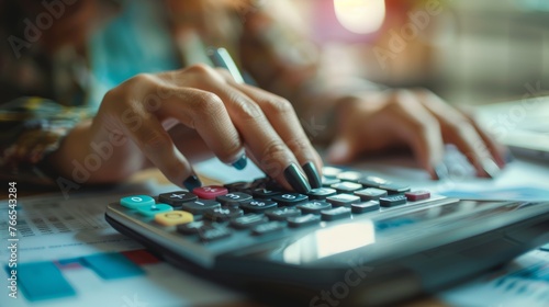 Close-up of businesswoman's hands using calculator with financial documents on the table.