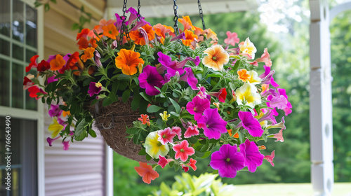Petunias growing in a hanging basket 