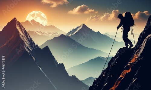 An intrepid adventurer ascends a steep mountain face, guided by the light of a full moon. The moon casts a serene glow over the sharp ridges and deep valleys of the mountain range.