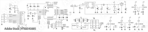 Schematic diagram of electronic device on sheet of paper. Vector drawing electrical circuit with capacitor,
resistor, lcd display, integrated circuit, 
coil, diode, microcontroller, other components.