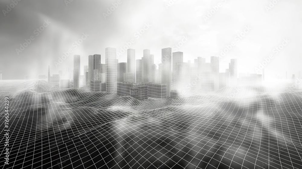 Abstract Futuristic monochrome digital cityscape with wireframe grid