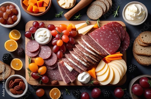 Assortment of bread, cheese and meat appetizer plate. Buffet party. Charcuterie and cheese platter