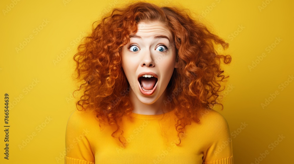 A woman with red hair and a surprised expression on her face A woman with red hair and a surprised expression on her face