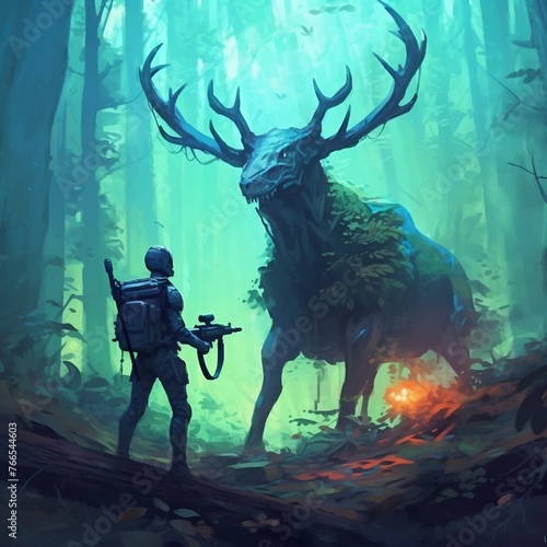 Illustration painting of a futuristic soldier hunting a deer monster in the forest,