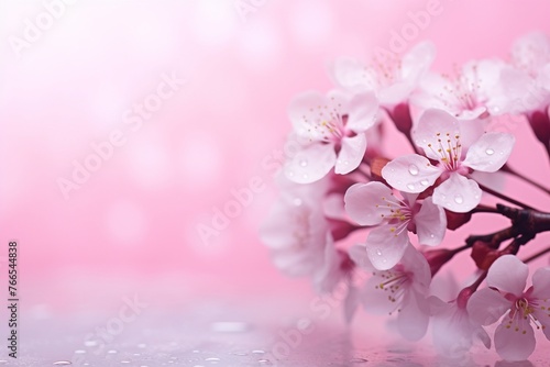 Cherry flowers on pink background with copy space