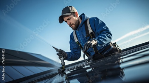 A man is working on a roof, spraying a sealant on it