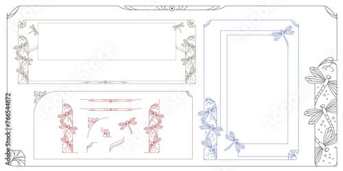 Dragonfly. Line ornament for design frames and borders.