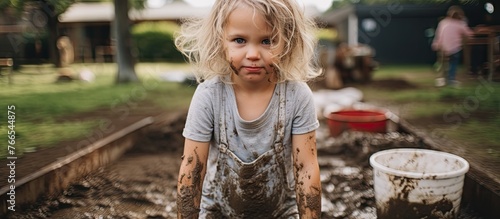 Young female child standing alone in the wet and muddy field