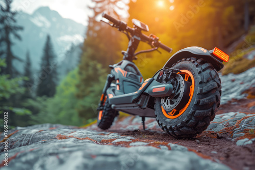 An electric scooter stands on a rocky trail in a forest © Александр Марченко