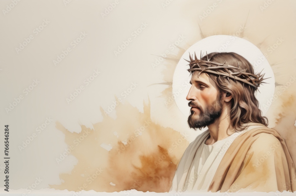 Obraz premium Jesus Christ with the crown of thorns, Soft watercolor painting, minimalistic, off-white background