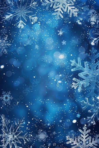 Blue Sparkling Winter Wonderland Background, Snow, Snowflakes, Bokeh, Vertical Christmas Illustration.  Generative AI.
