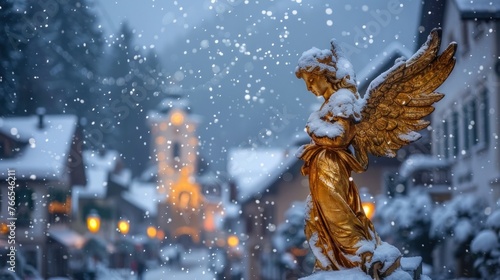 San Candido has a magical ambiance with snow falling and a golden angel. © Emil