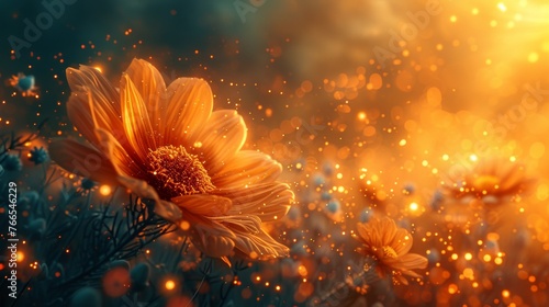 Golden flowers bask in the ethereal glow of a setting sun  with sparkling bokeh creating a magical  tranquil scene.