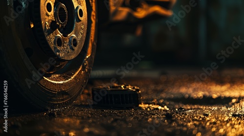 Automotive brake disc and caliper on oily workshop floor with sparkling metal.